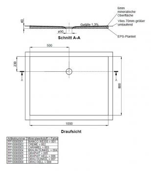 Schedel barriere freie Dusche - Duschboard - Duschwanne Mineraloberfläche 1000x800 mm, Ablaufposition 500/230 mm